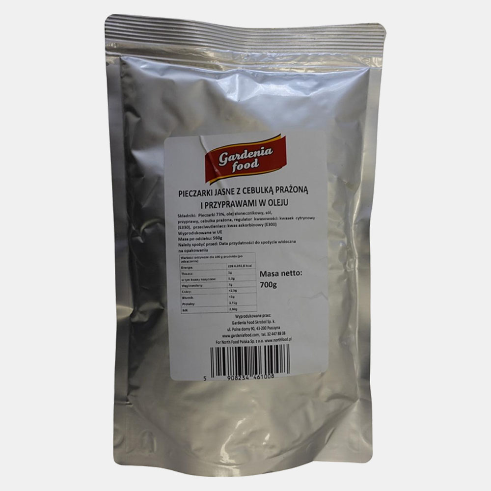 Pieczarki jasne z cebulka prażoną i przyprawami w oleju - 700g
